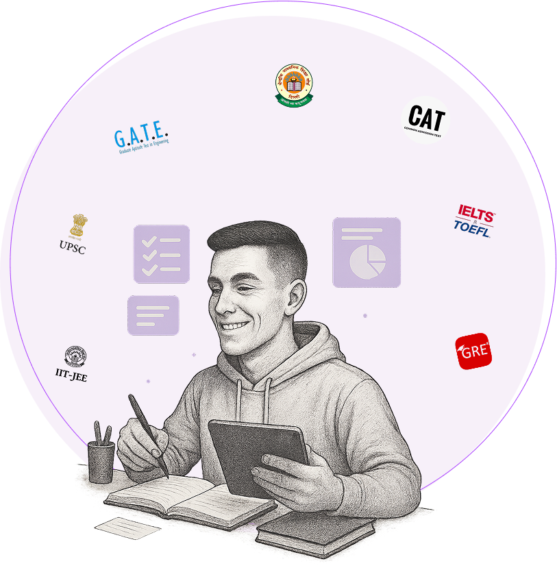 Student studying with exam preparation materials including GATE, CAT, IELTS, TOEFL, GRE, UPSC, and IIT-JEE